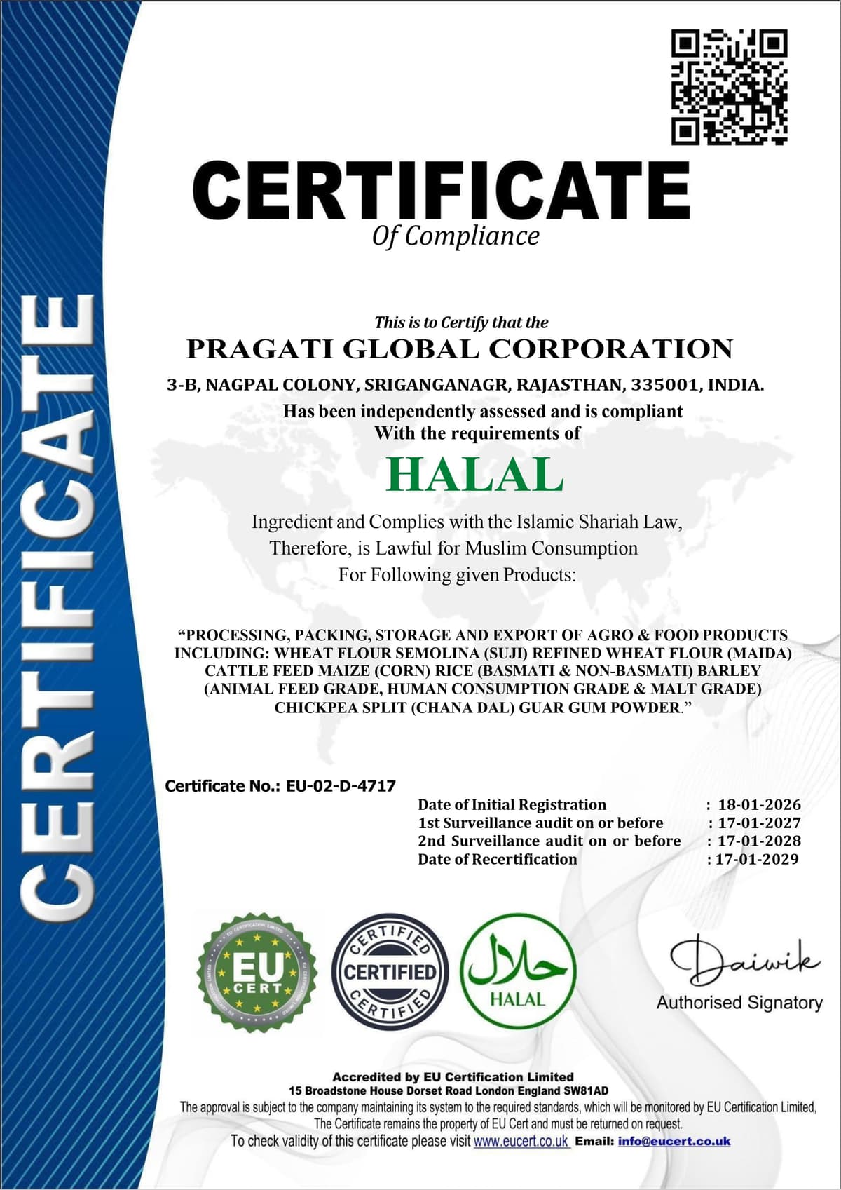 Halal Certificate of Compliance — Pragati Global Corporation