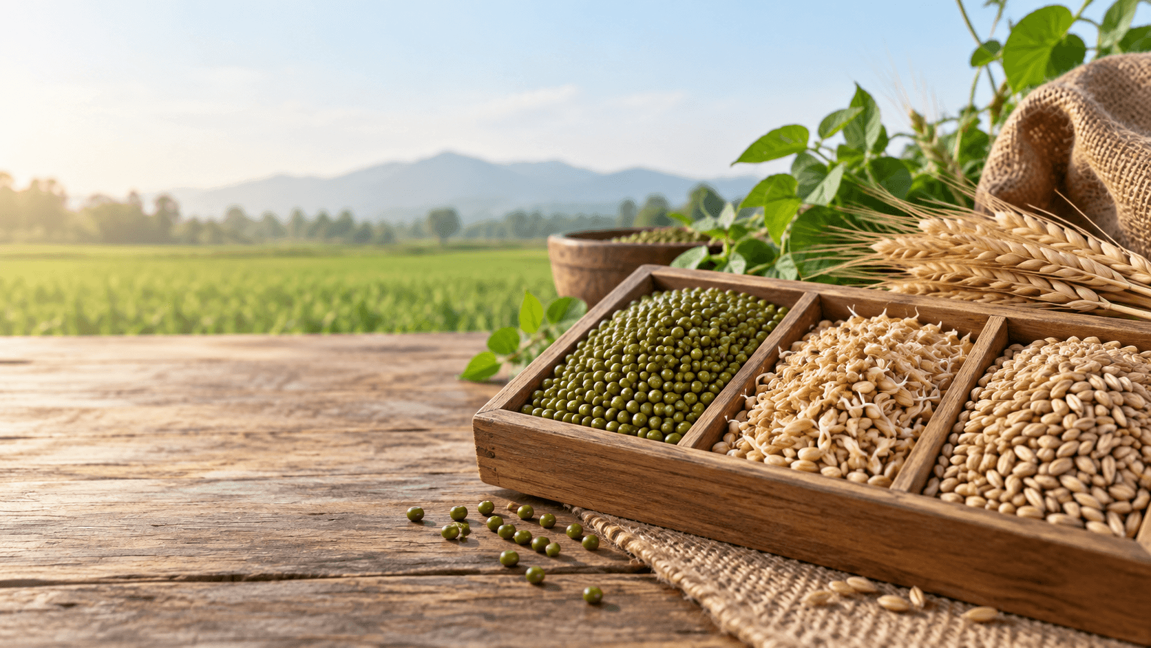 Green moong beans and grains in wooden compartments