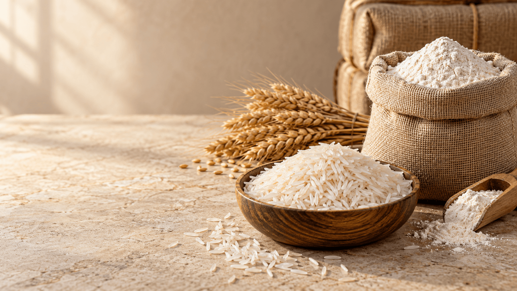 Basmati rice grains with wheat flour and wheat
